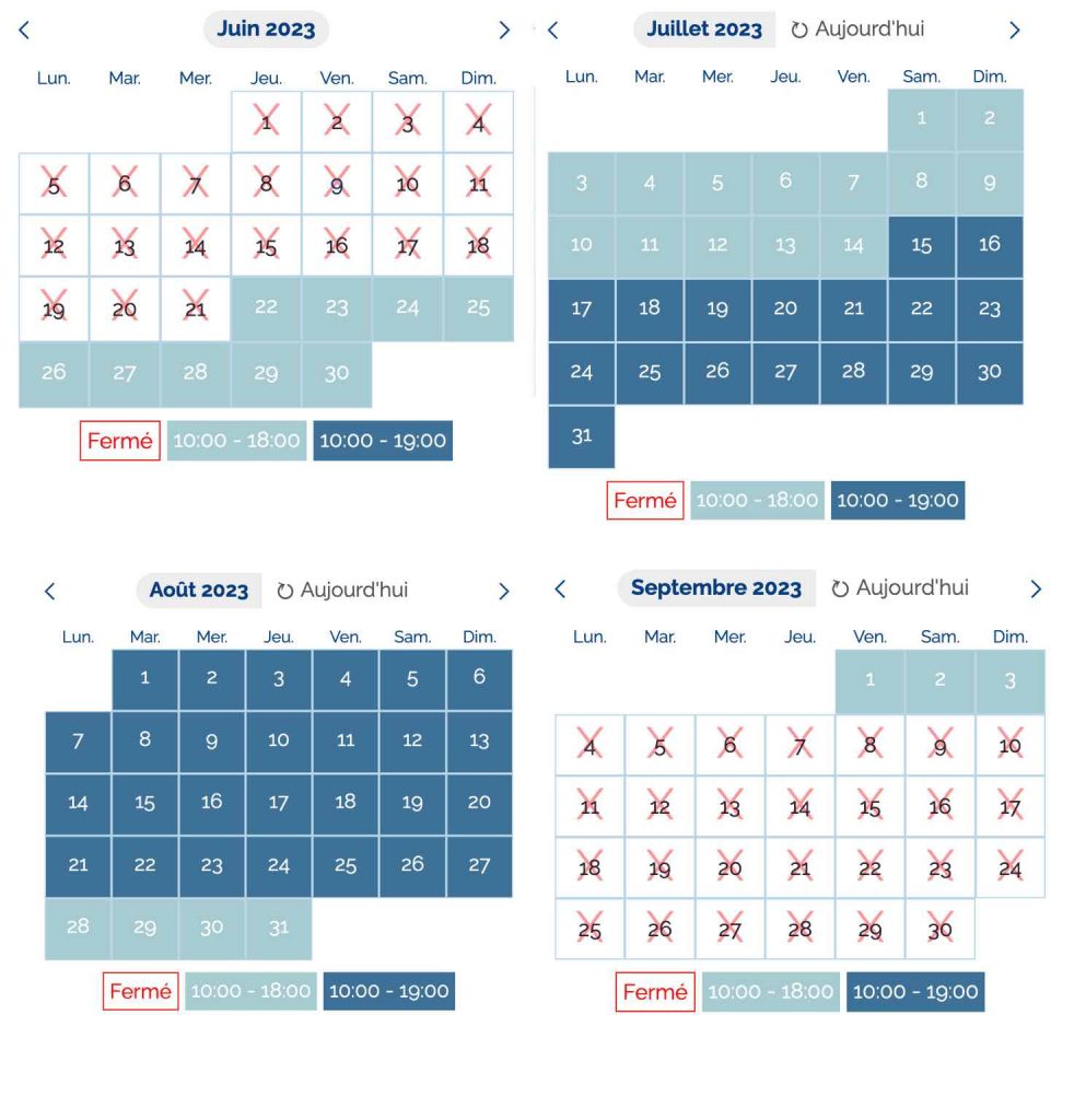 calendrier ouverture horaire Aqualand port leucate 2023