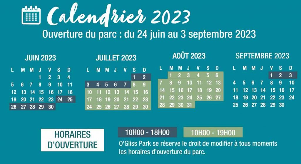 date jour ouverture et horaire parc aquatique O'Gliss Park en Vendée 2023
