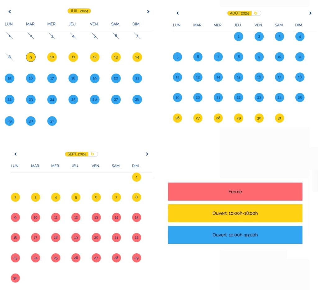 calendrier d'ouverture et affluence / fréquentation horaire 2024