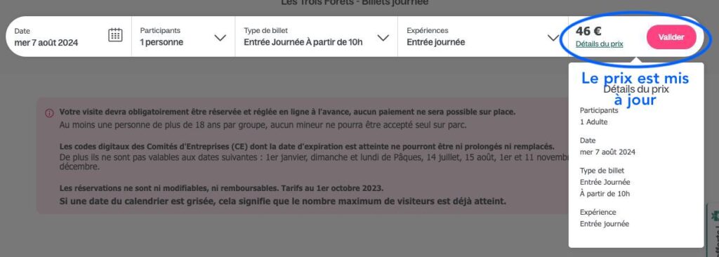 Tarif total Aqua Mundo avant validation de l'achat 