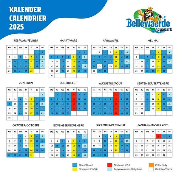 Calendrier ouverture Aquapark Bellewaerde et affluence 2025