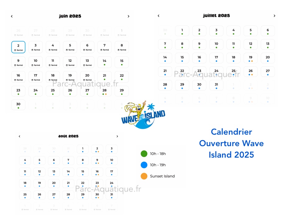 Calendrier d'ouverture Wave ISland 2025 - Horaire et Prévision affluence