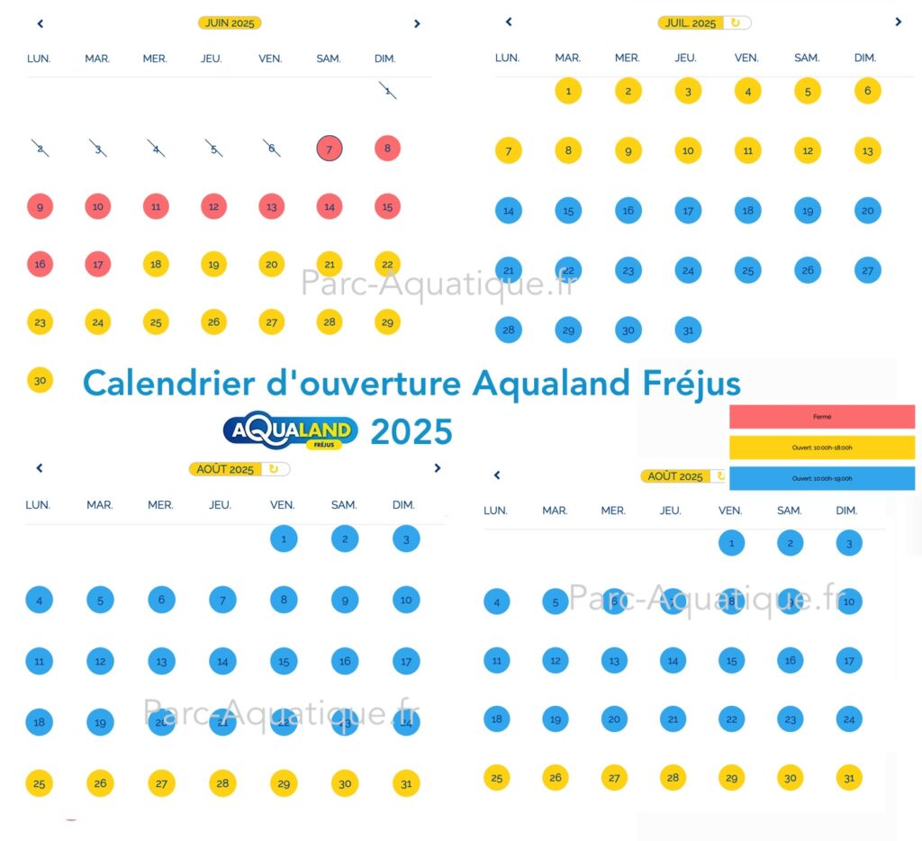 Calendrier d'ouverture, horaire et affluence Aqualand Fréjus