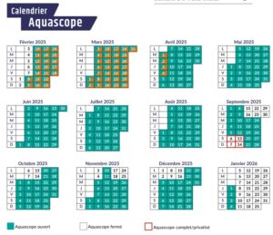 Calendrier d'ouverture et horaires de l'Aquascope en 2025