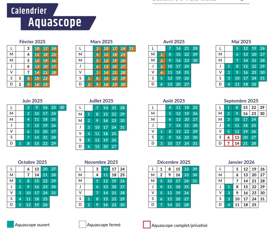 Calendrier d'ouverture et horaires de l'Aquascope en 2025