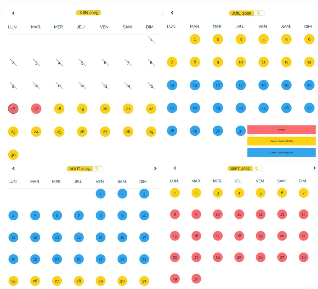 Calendrier ouverture, horaire, affluence Qualand Saint Cyr sur mer Toulon Marseille 2025