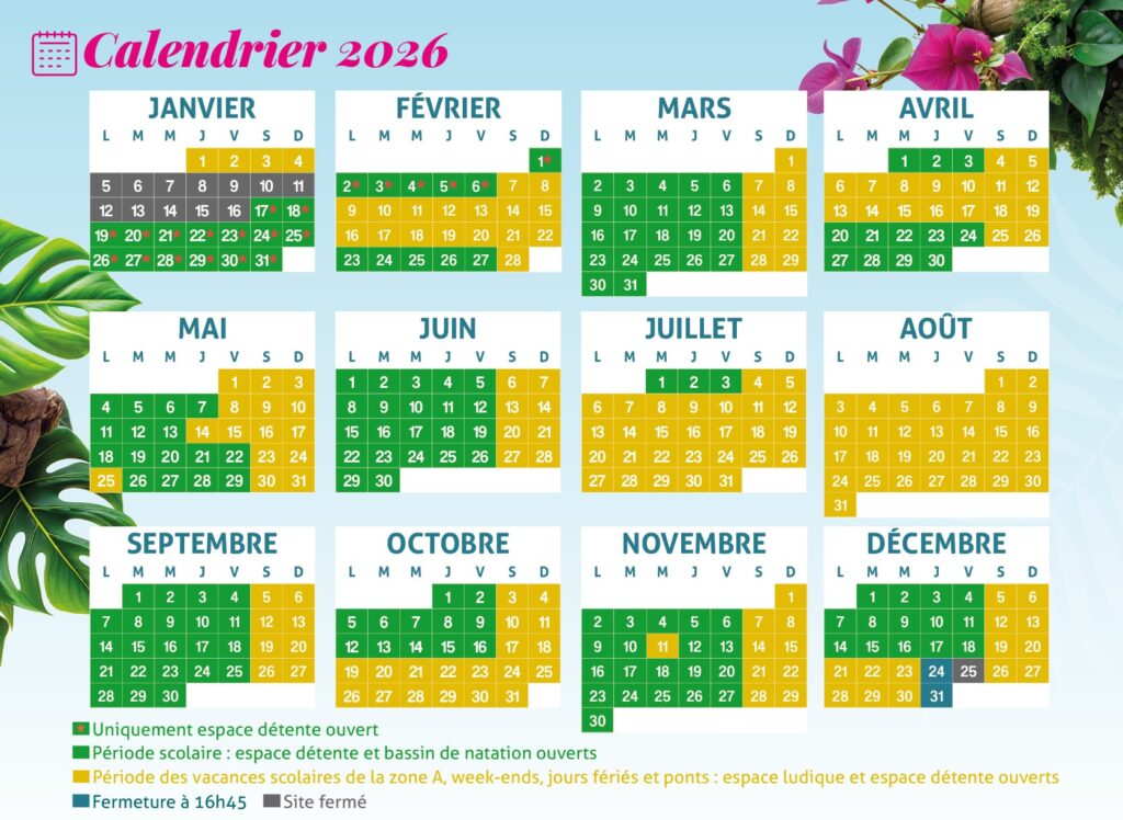 calendrier d'ouverture et affluence les Antilles de Jonzac 2026