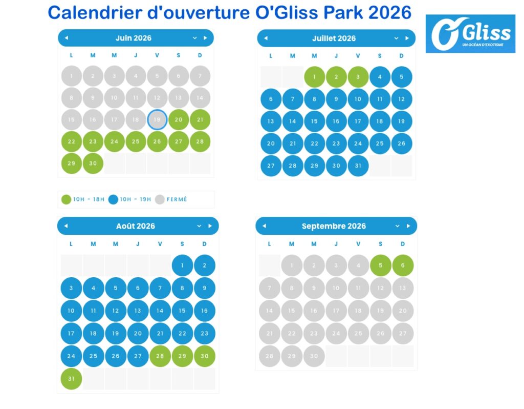 Calendrier d'ouverture, horaires et affluence parc O'Gliss Park 2026