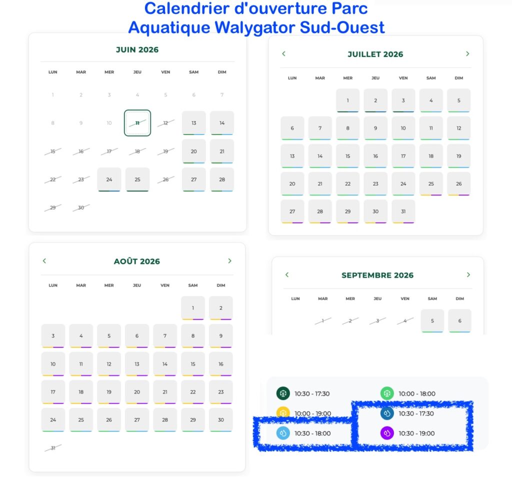 Calendrier d'ouverture du parc aquatique Aqualand de Walygator Sud-Ouest