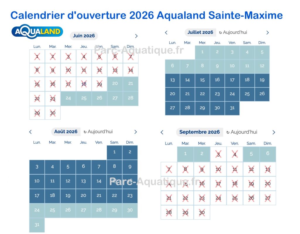 Calendrier d'ouverture, horaire affluence et fréquentation Aqualand sainte-maxime 2026