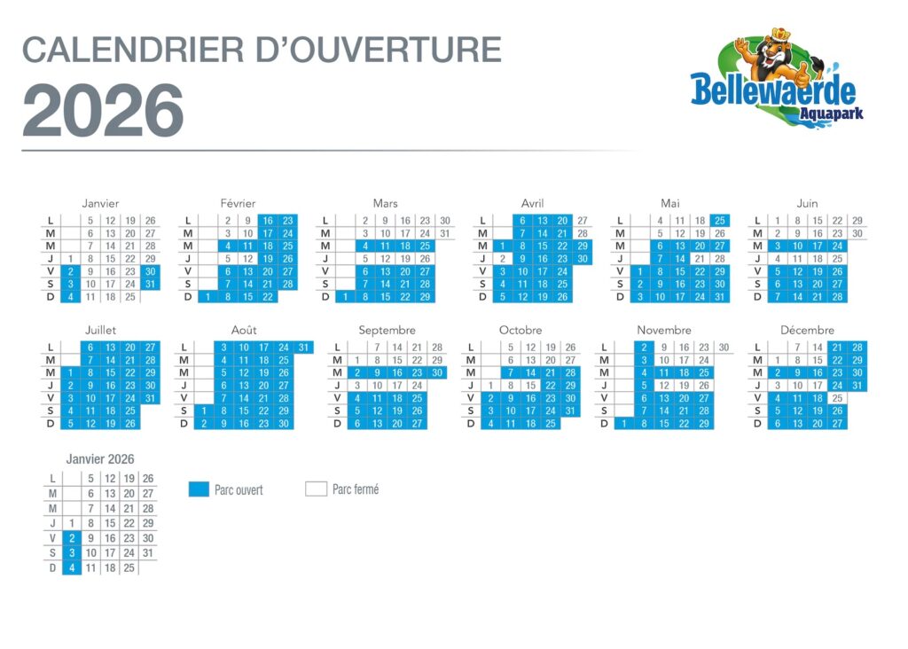 Calendrier d'ouverture parc aquatique Aquapark Bellewaerde 2026 et affuence